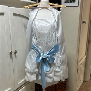 White with Blue & Silver Glittered Fabric Strapless Dress with Light Blue Bow